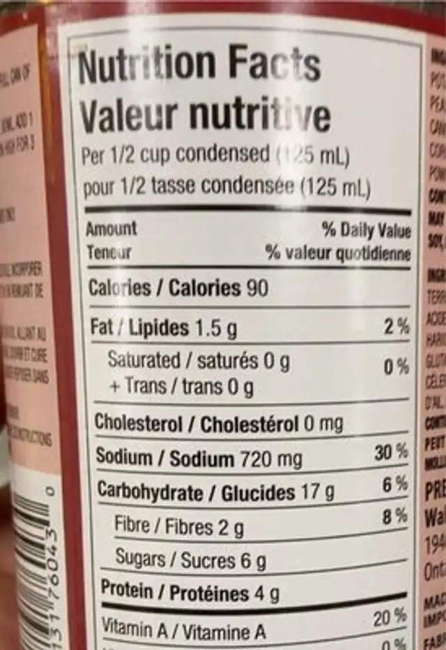 Soupe legumes nutrition facts table
