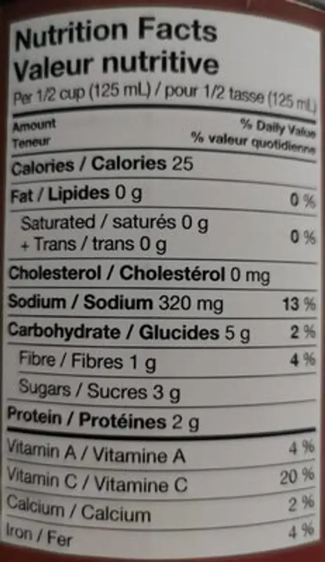 Tomates entières nutrition facts table