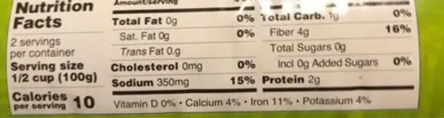 Hearts of palm nutrition facts table