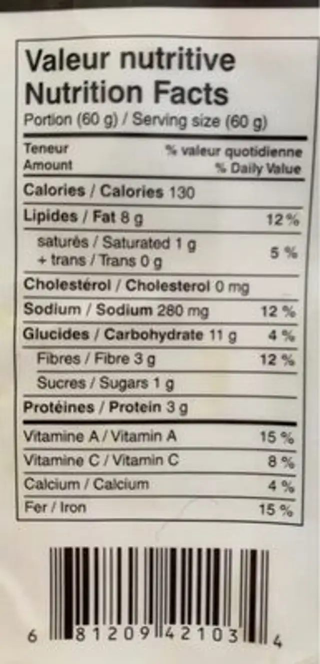 Végépâté méditéranéen aux épinards nutrition facts table