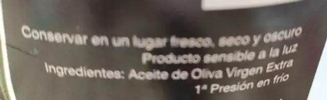 Aceite de oliva virgen extra ingredients label