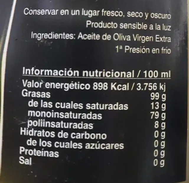 Aceite de oliva virgen extra nutrition facts table