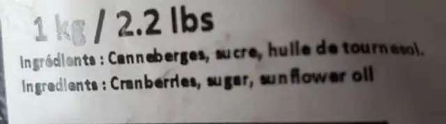 Canneberges séchées entières ingredients label