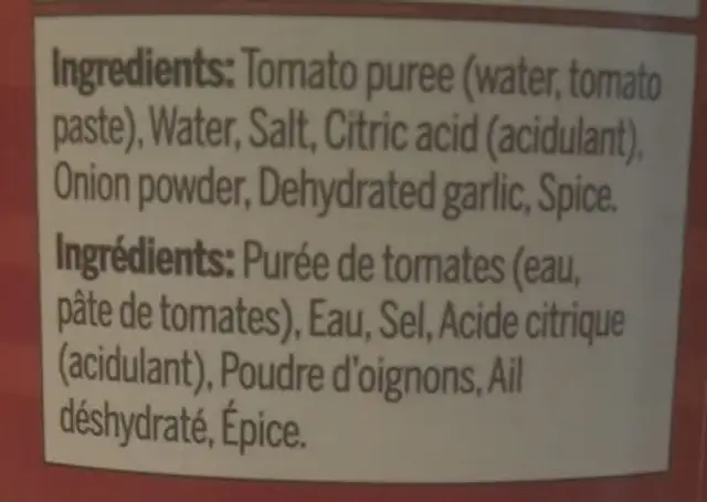 Tomato Sauce ingredients label