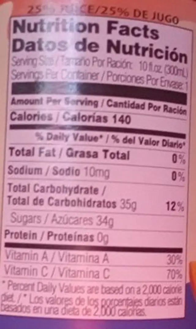 Exotic Carrot Orange Mango ingredients label