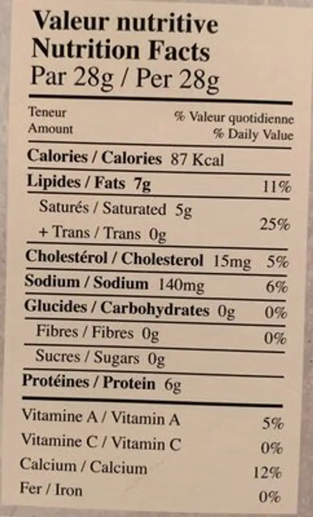 Le Péribonka nutrition facts table