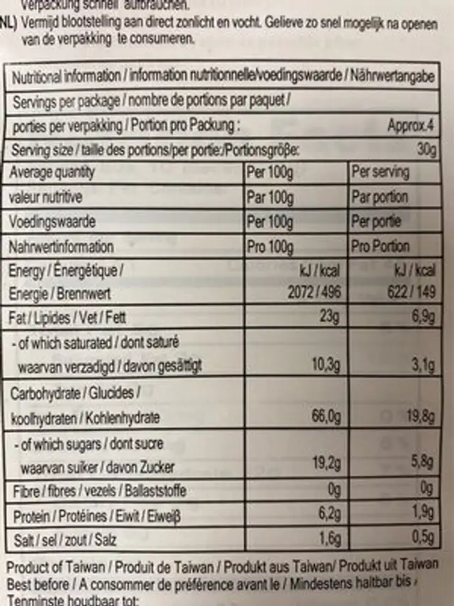Want Want Rice Crackers Green Peas Crispy 3.53 Oz nutrition facts table