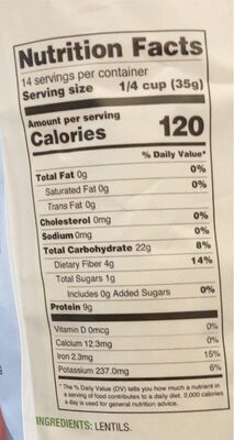 French Green Lentils nutrition facts table