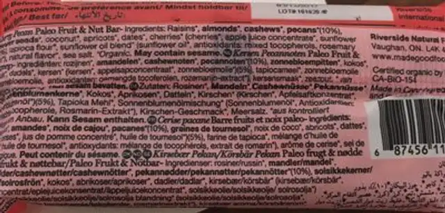 Paleo Fruit & Nut Bar ingredients label