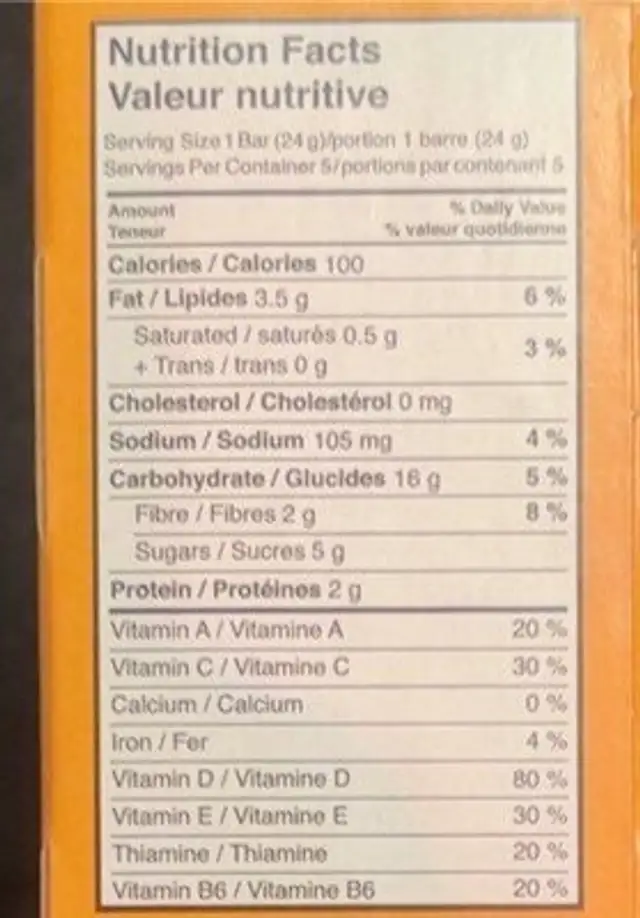 Sweet & Salty Granola Bar nutrition facts table