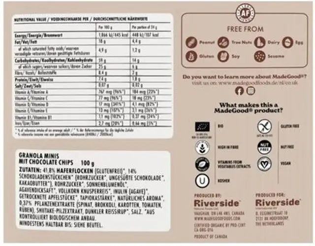 Granola Minis - Chocolate Chips nutrition facts table