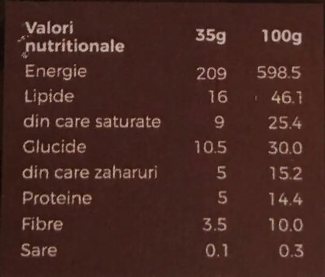 Chocolate Raw Spirulina nutrition facts table