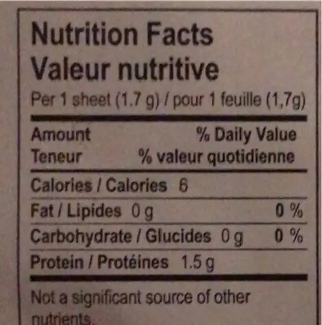 Gelatine biologique nutrition facts table