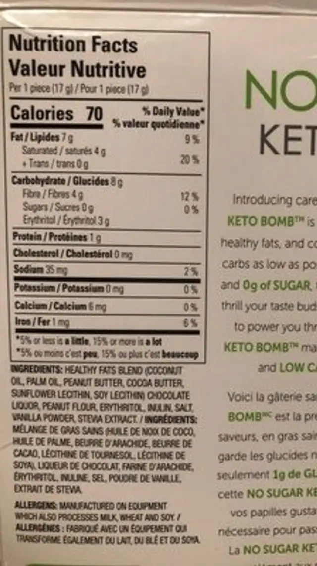 KetoBomb nutrition facts table
