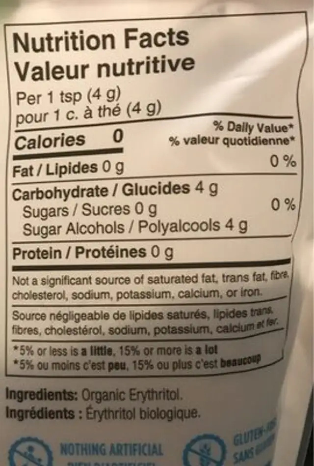 Édulcorant d'érythritol nutrition facts table