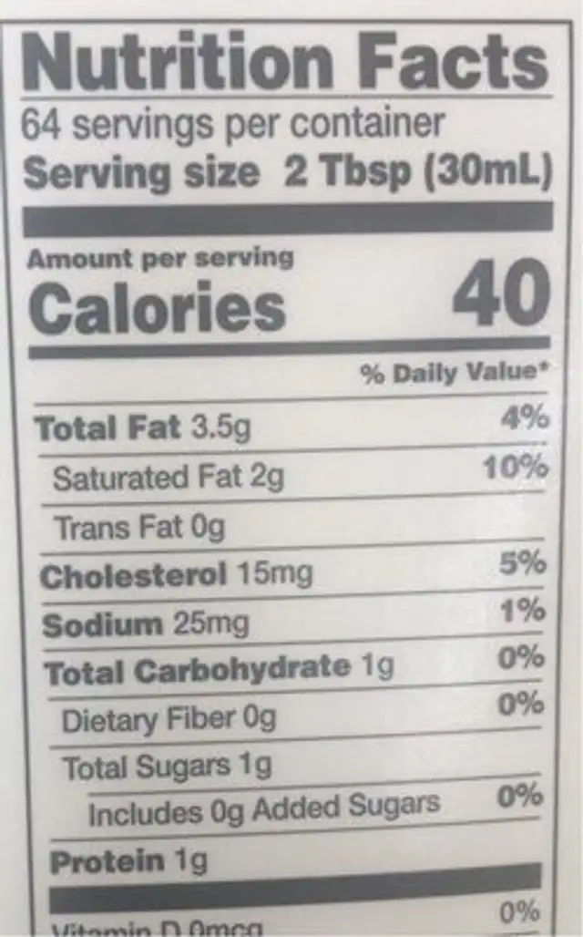 Ahold half & half nutrition facts table