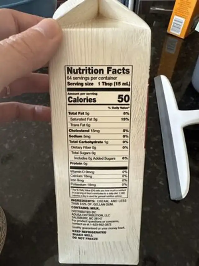 Heavy whipping cream nutrition facts table