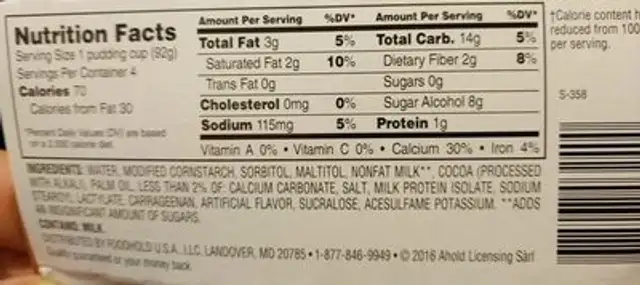 Pudding snacks nutrition facts table