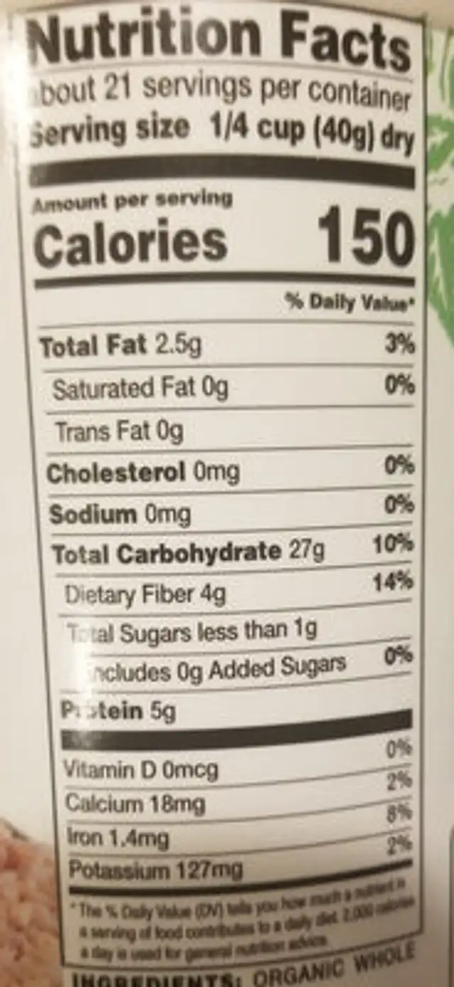 Organic irish style oatmeal steel cut nutrition facts table