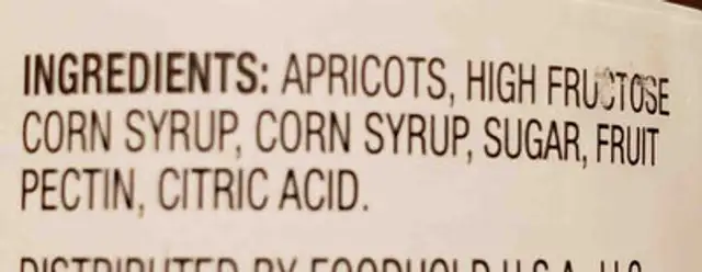 Apricot preserves, apricot ingredients label