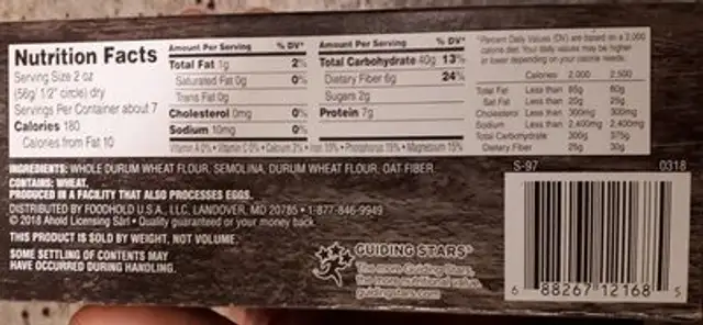 Spaghetti whole grain nutrition facts table