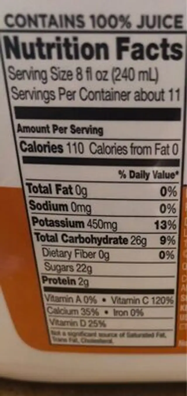 100% pure orange juice nutrition facts table