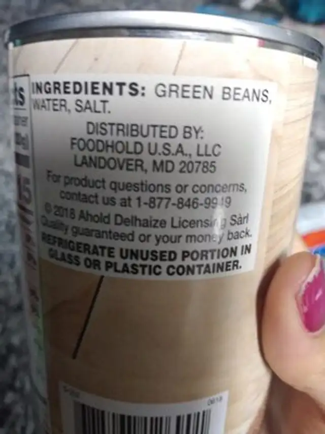 Cut green beans ingredients label