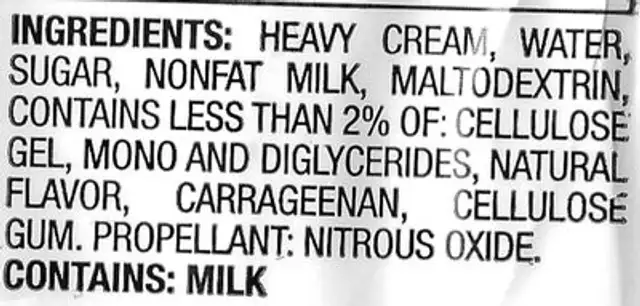 Dairy Whipped Topping ingredients label
