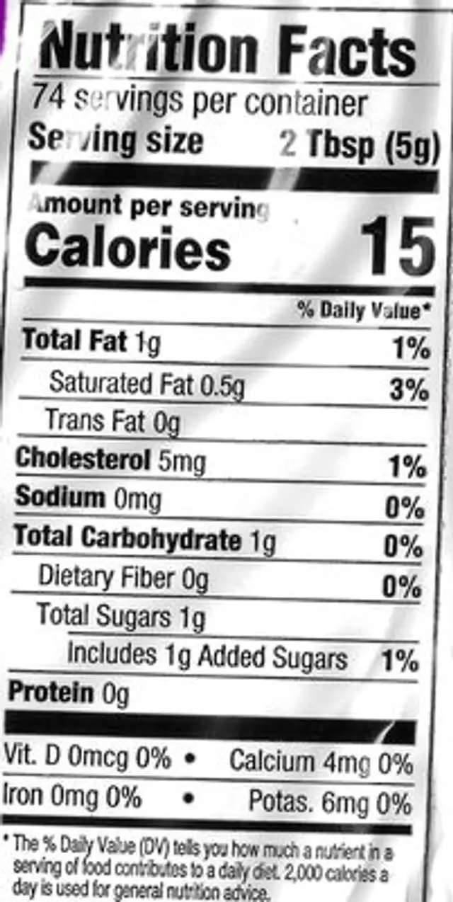 Dairy Whipped Topping nutrition facts table