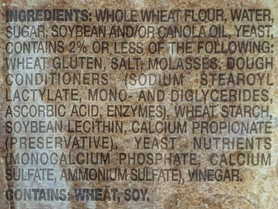 Whole wheat bread ingredients label