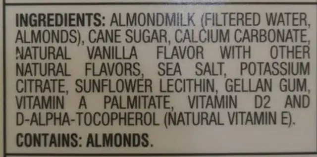 Almondmilk ingredients label