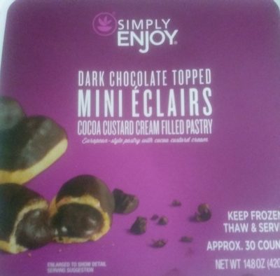 Simply enjoy, dark chocolate topped mini eclairs cocoa custard cream filled pastry