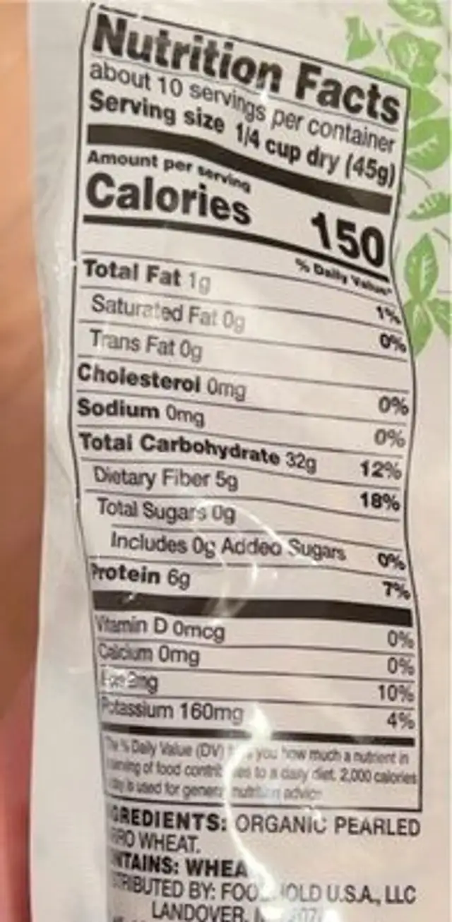 Pearled Farro nutrition facts table