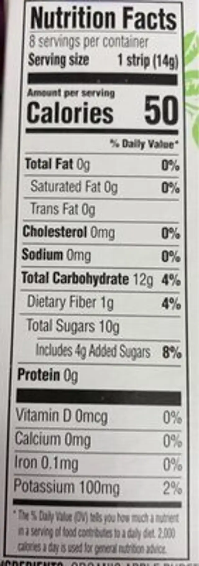 Unknown nutrition facts table