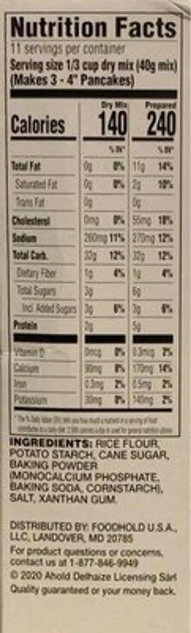 Gluten Free Pancake & Baking Mix nutrition facts table