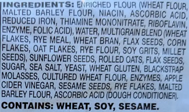 Multigrain sliced panini ingredients label
