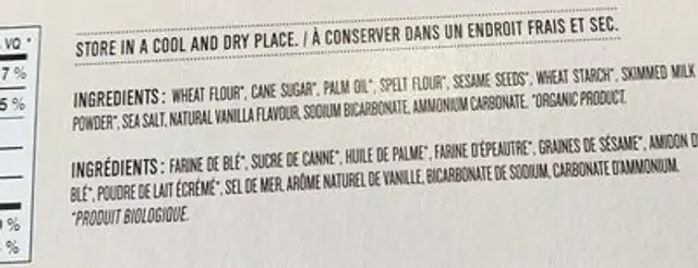 Biscuits sésame et épeautre ingredients label