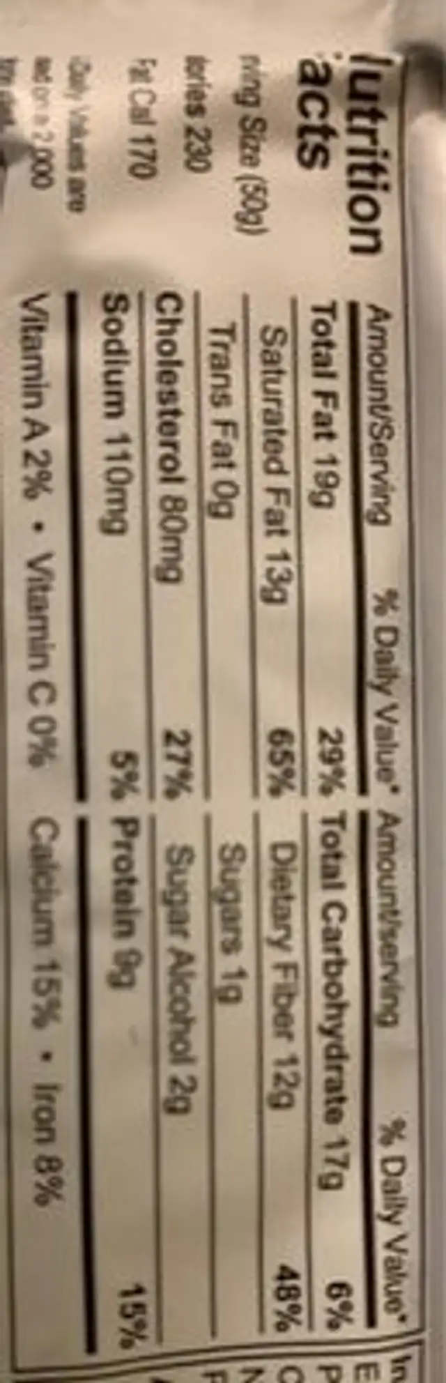 Chocolate cookie dough ketogenic bar nutrition facts table