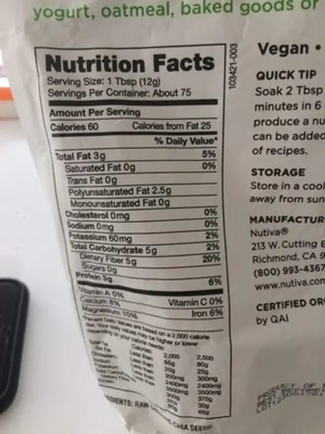 Chia Seed nutrition facts table