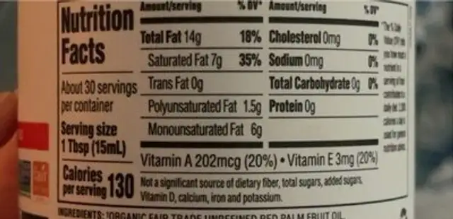 Organic Red Palm Oil Unrefined nutrition facts table
