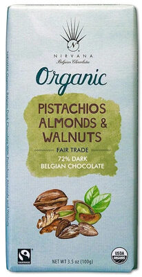 Nirvana chocolates, 72% dark chocolate, pistachios, almonds and walnuts