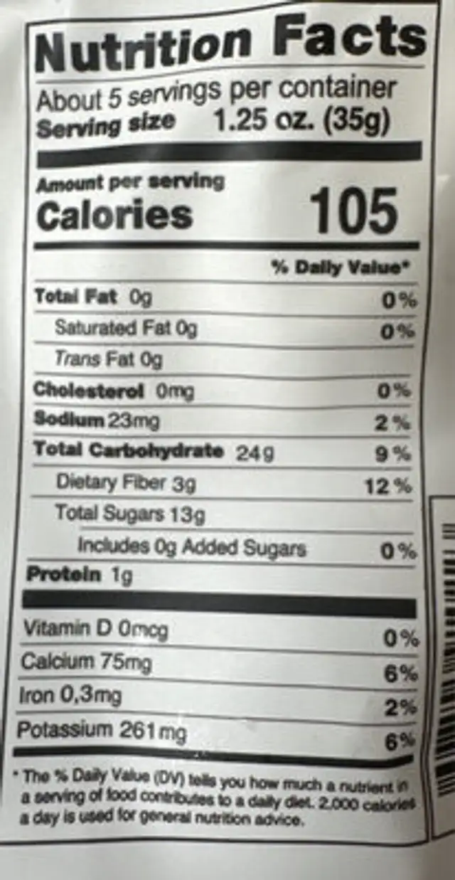 Organic Sun Dried Turkish Figs nutrition facts table