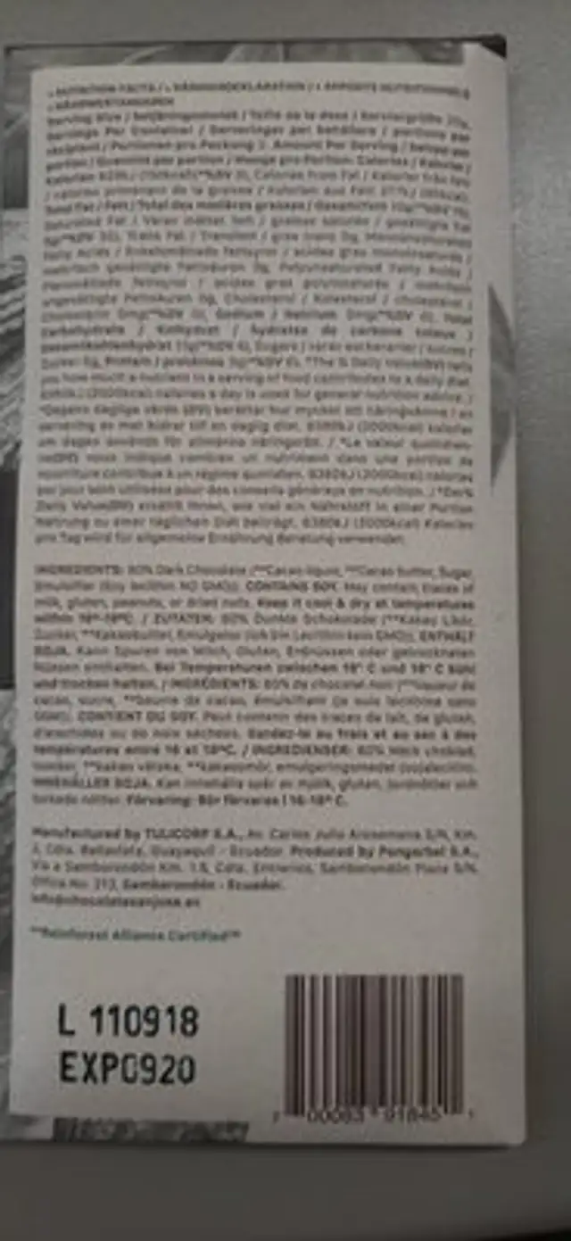 80% dark chocolate ingredients label