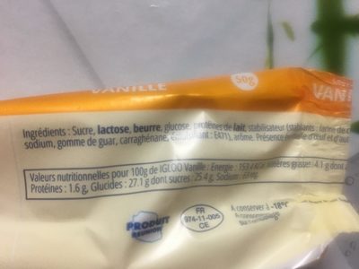 Sorbet vanille ingredients label