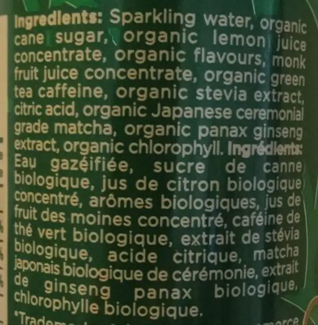 Matcha Energy Drink ingredients label