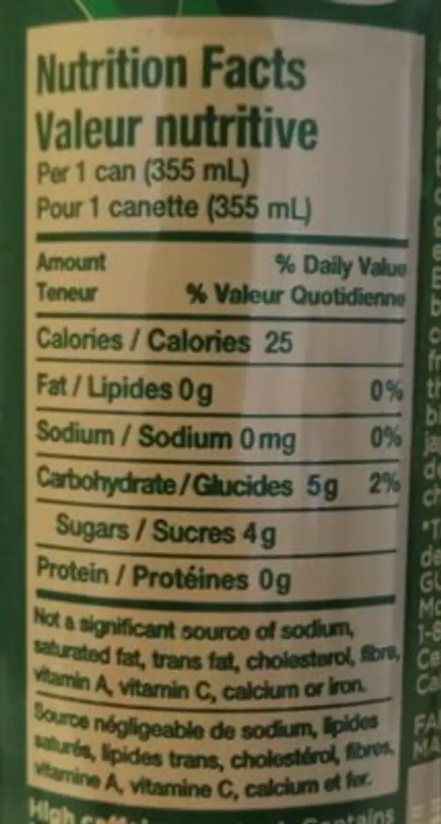 Matcha Energy Drink nutrition facts table