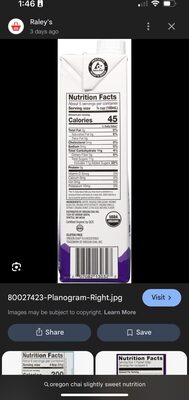 Chai Slightly Sweet nutrition facts table