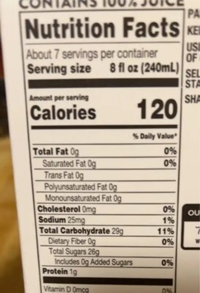 100% Juice, Orange Pineapple nutrition facts table