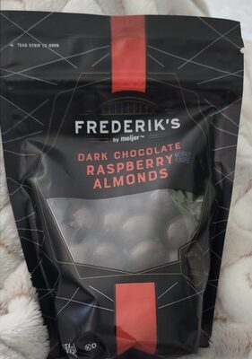 Dark chocolate raspberry almonds front packaging