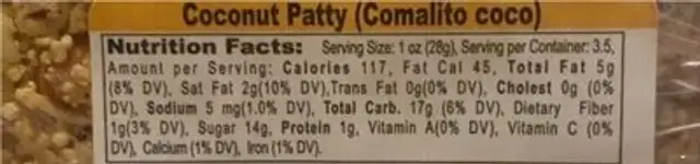 Coconut Party (comalito de coco) nutrition facts table